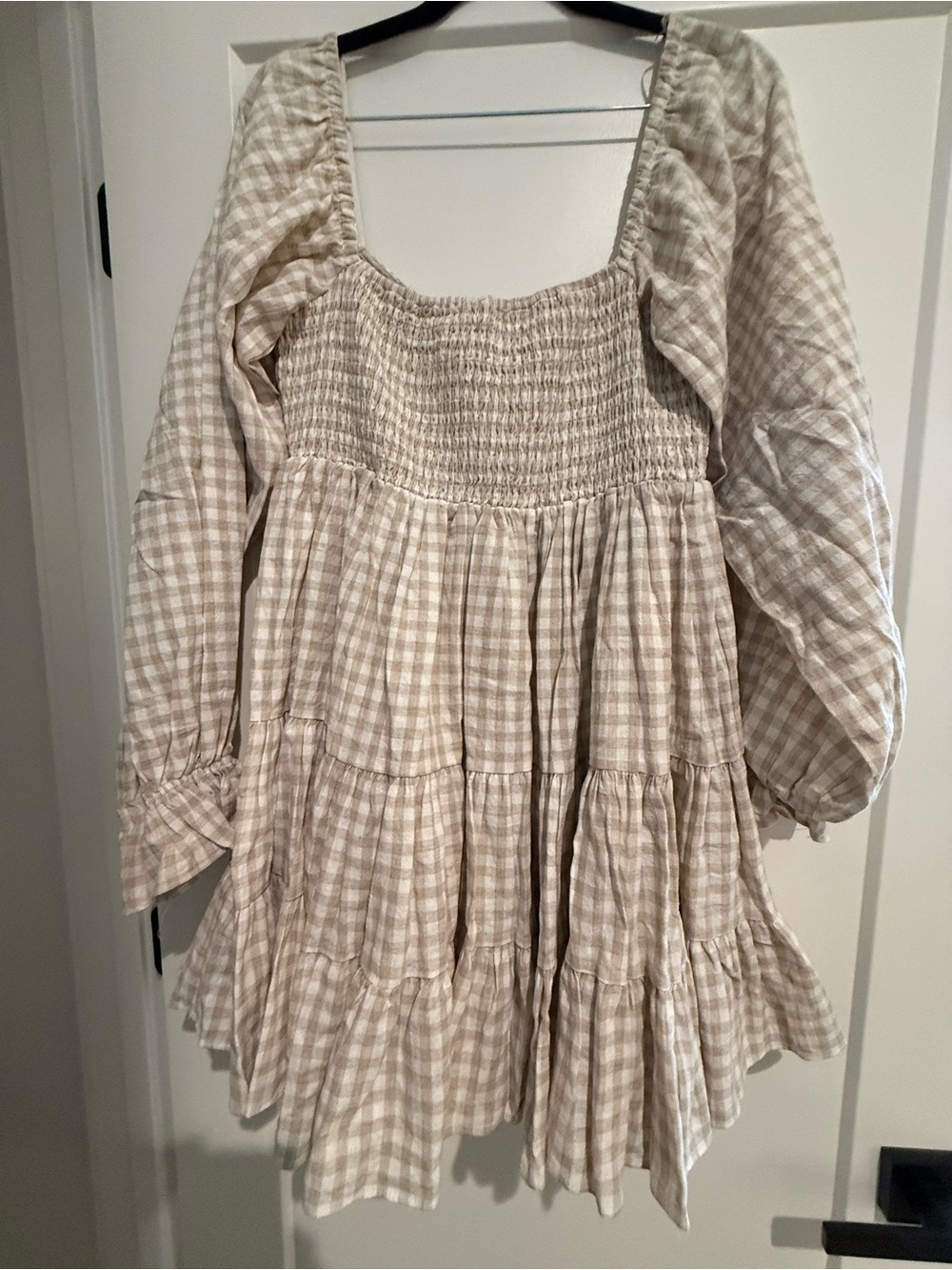 Beige Gingham Smocked Tiered Dress - Picture 3 of 3